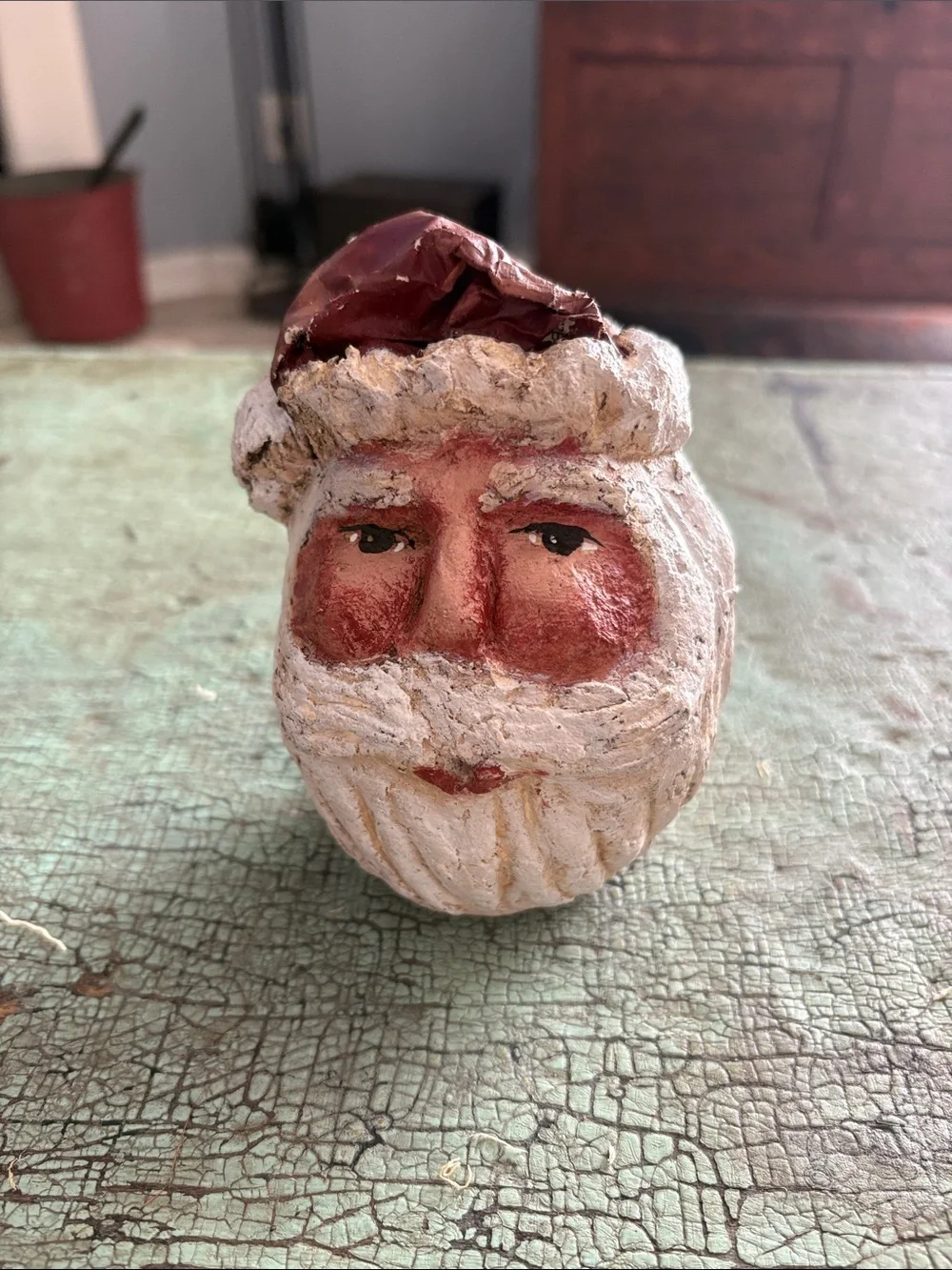 Vintage Arlene A Wobler Paper Mache Santa Head Primitive Folk Art Christmas